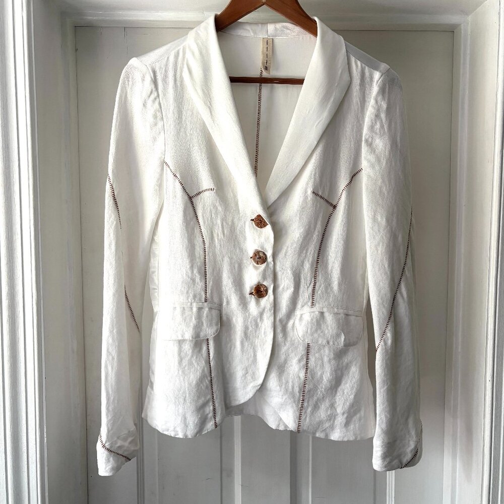 Illia Blazer White Linen Satin Brown Stitching Size 2